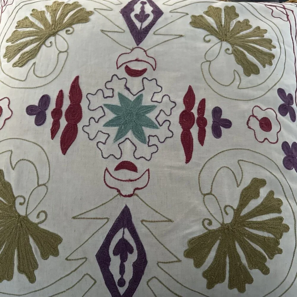 Vintage Hand Crafter Feather Filled Embroidered Pillow 25”x25” Boho Cottagecore